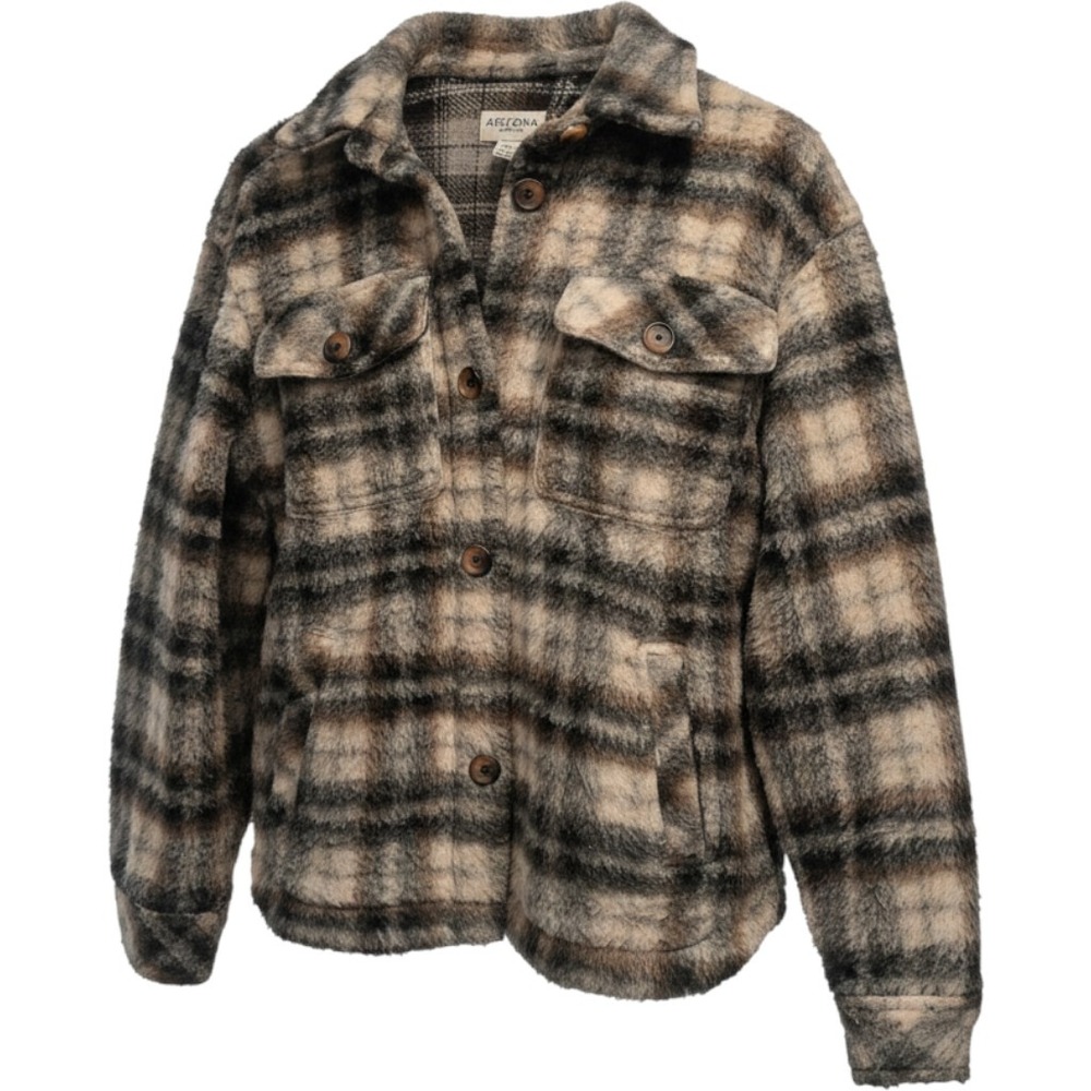 Arizona Jean Co Womens Plaid Faux Shearling Shacket Brown Tan Black XS 0386